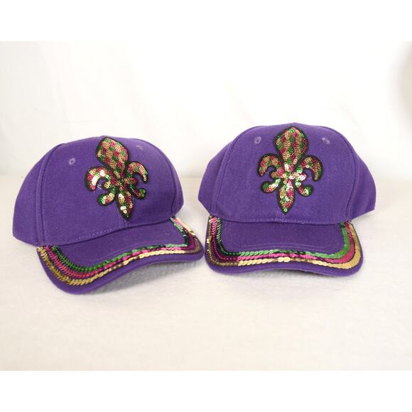 2 Mardi Gras Ballcaps Purple Sequins Fleu De Lis Green Red Gold Never Worn - Picture 1 of 10
